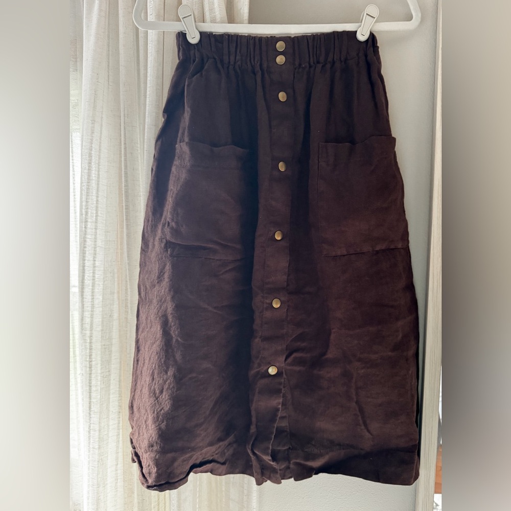 notPERFECTLINEN Dark Brown Midi Skirt with Buttons
